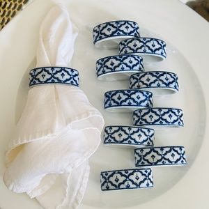 VTG Oriental Design White & Blue Porcelain Napkin Ring Hand Painted Set Of 10